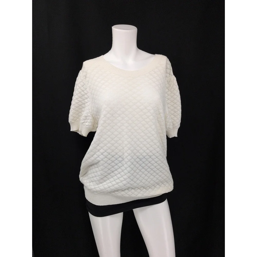 LOFT Ivory Pointelle Diamond Knit Top Puff Sleeve Feminine Cottage Dainty XLarge